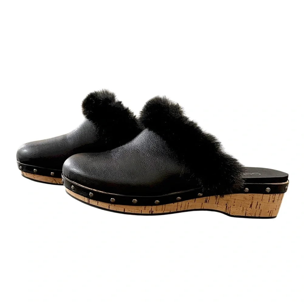 CORKYS Women's Just Fur Fun Black Wedge Slip On Fur Lined Studded Mules 10 New